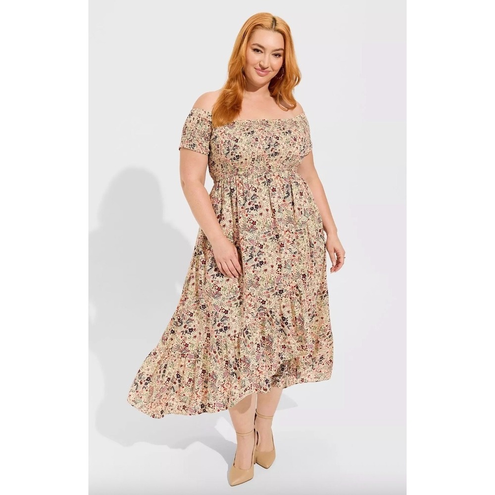 NWT Torrid Challis Floral Ivory Off Shoulder Maxi Dress Tulip High Low 00 10